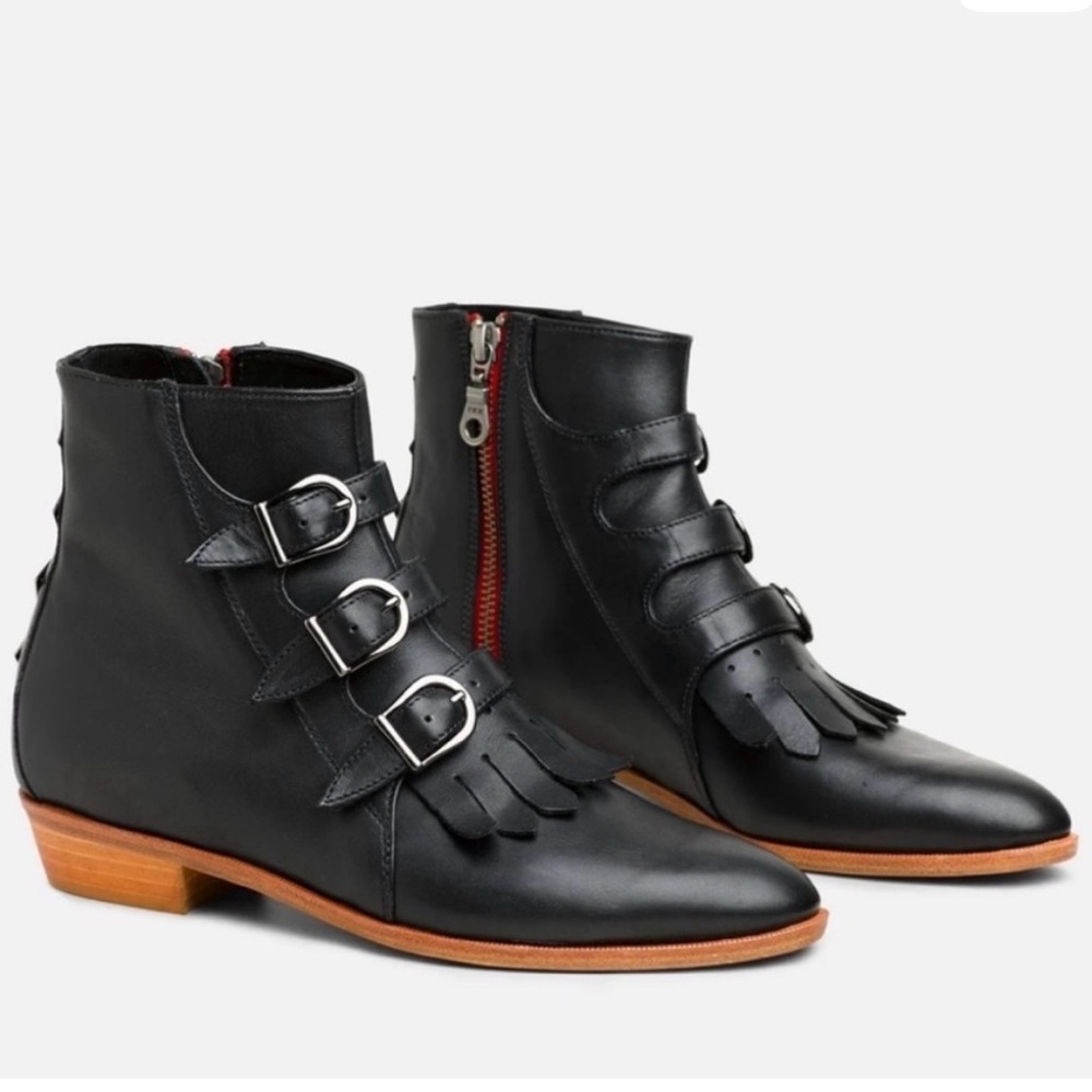 Modern Vice Black Leather Ankle Boots with Fringe and Buckles